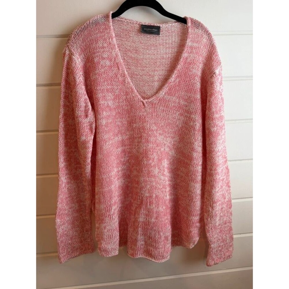 Wooden Ships Marled V-Neck Knit Sweater - Pink & White Loose Knit M/L
